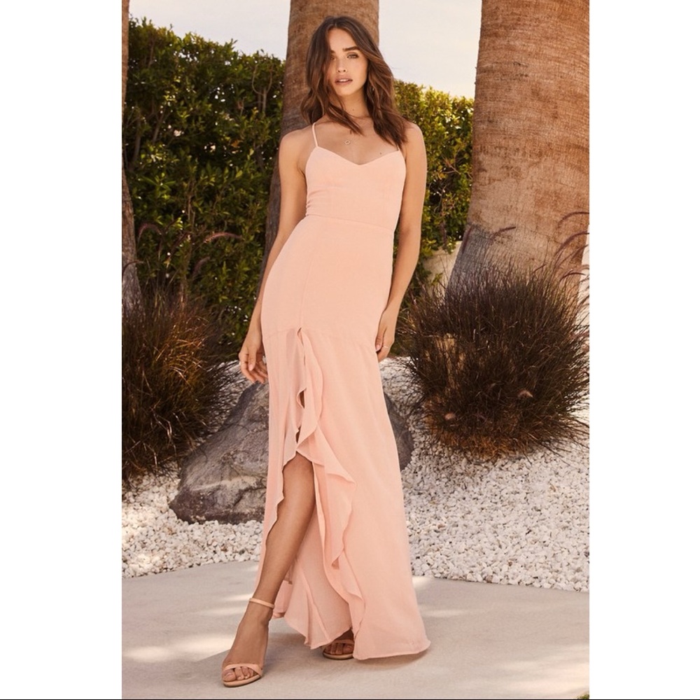 LULUS Blush Luxurious Love Ruffe Lace-Up Gown S